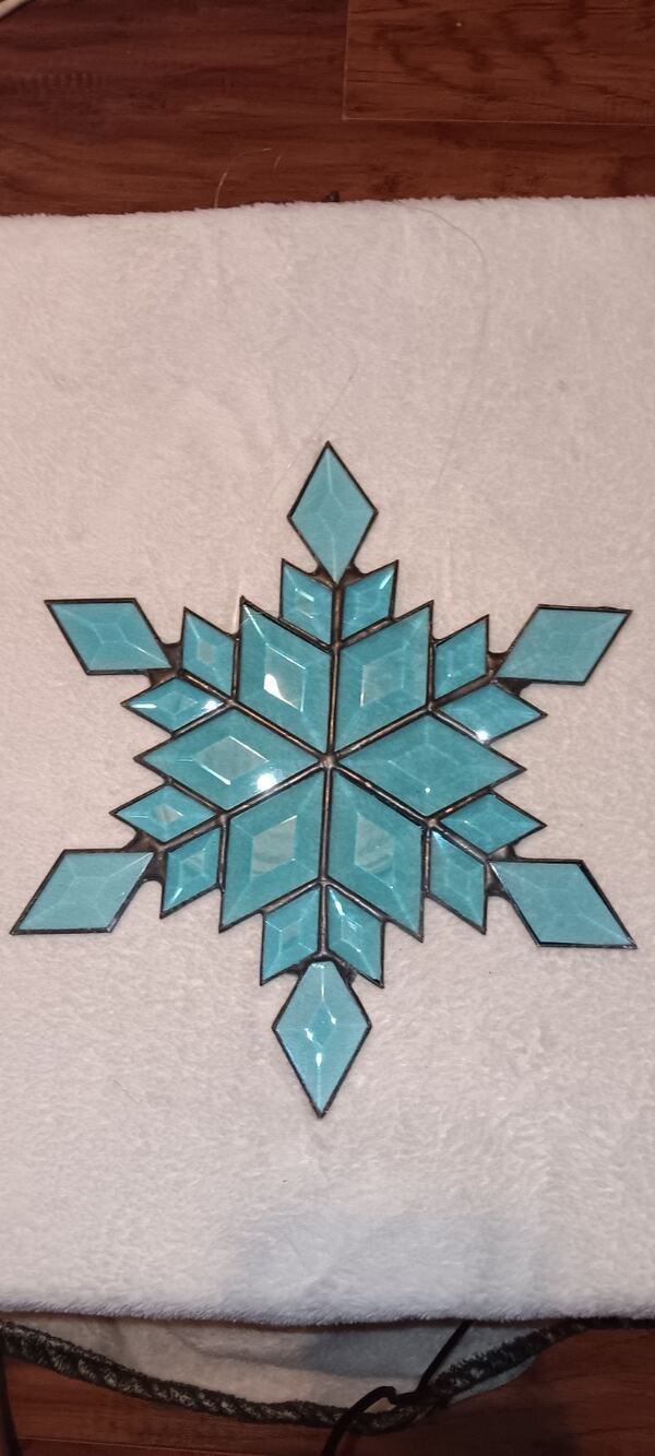 Vintage Blue Homemade Stained Glass Snowflake Suncatcher Ornament 10”